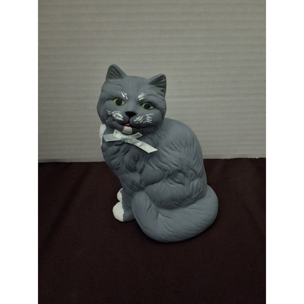 Hand Painted Ceramic Gray Cat With Bow. 6" Tall‎ 5" Long